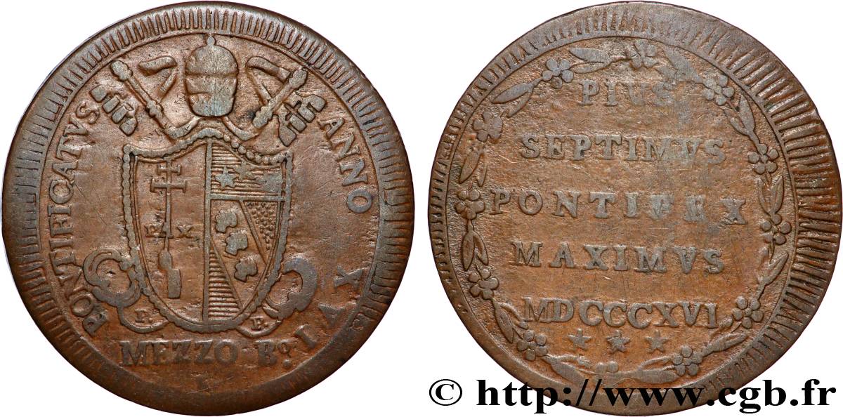 VATICANO Y ESTADOS PONTIFICIOS 1/2 Baiocco Pie VII an XVI 1816 Rome BC+