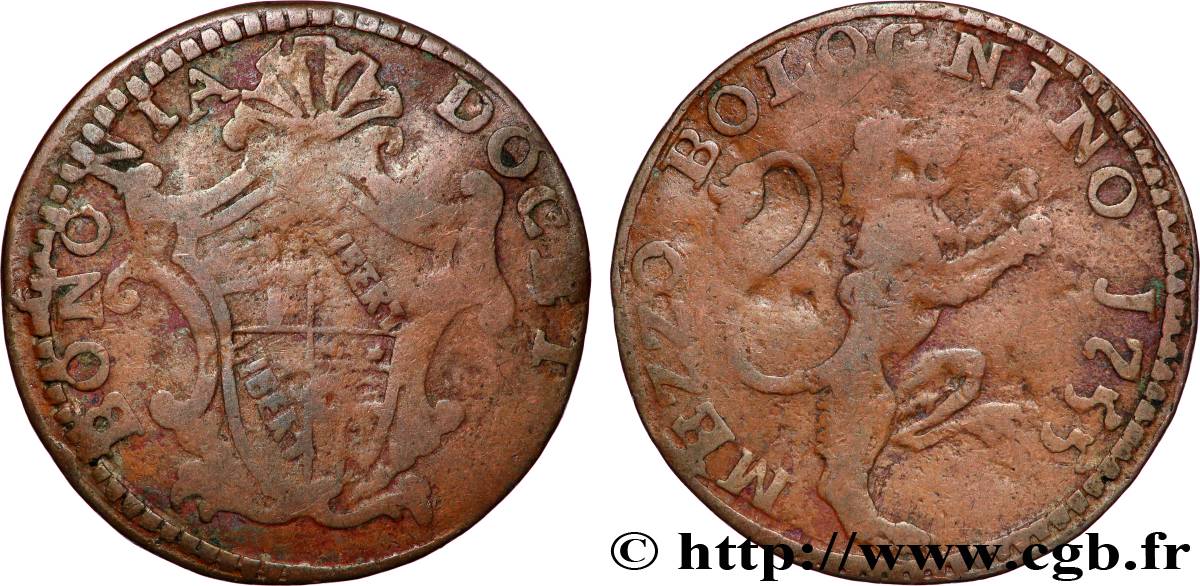 ITALY - PAPAL STATES - BENEDICT XIV (Prospero Lambertini) 1/2 Bolognino 1755 Bologne VF