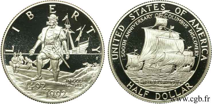 ÉTATS-UNIS D AMÉRIQUE 1/2 Dollar Proof 500e anniversaire de la découverte de l’Amérique, Christophe Colomb et ses trois navires 1992 San Francisco - S FDC 