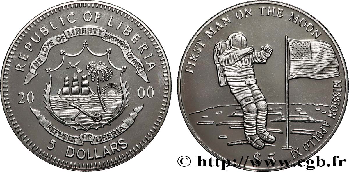 LIBERIA 5 Dollars Proof Premier pas de l’homme sur la Lune 2000 MS