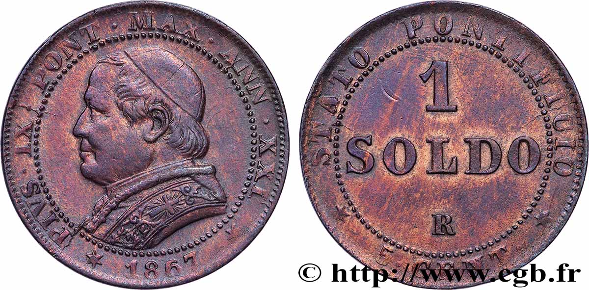 VATICAN ET ÉTATS PONTIFICAUX 1 Soldo an XXI buste large 1867 Rome TTB