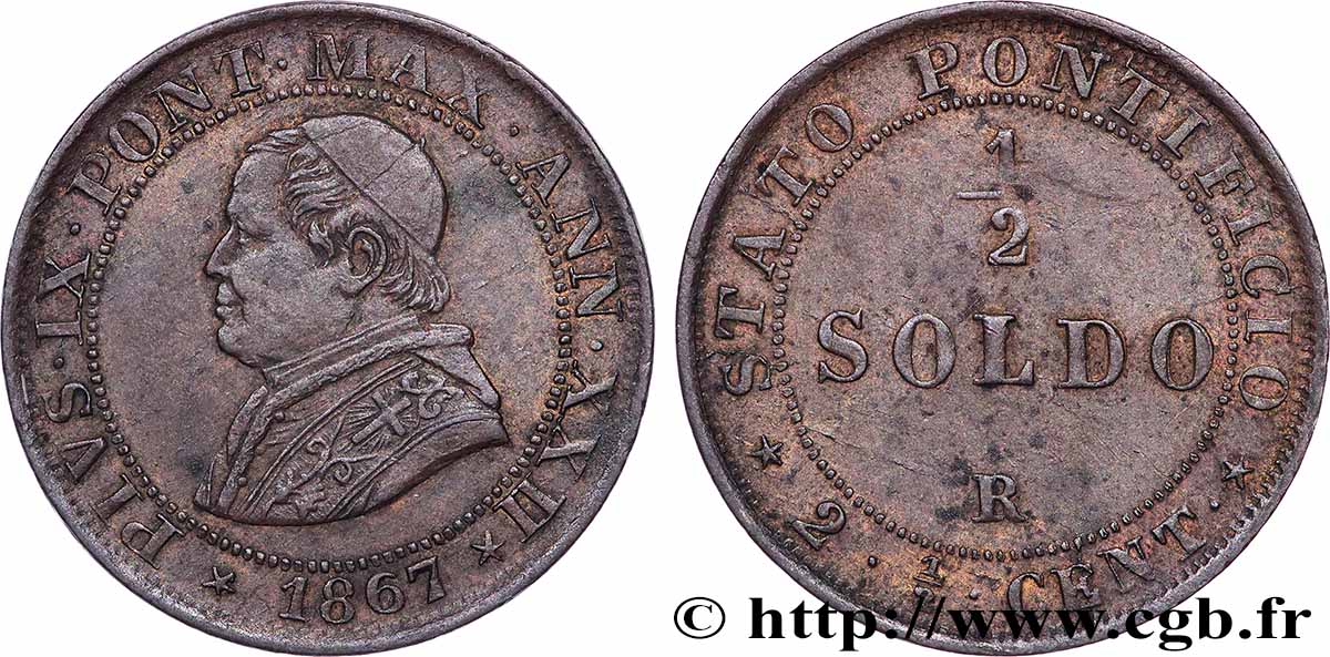 VATICAN AND PAPAL STATES 1/2 Soldo (2 1/2 centesimi) Pie IX an XXI 1867 Rome AU