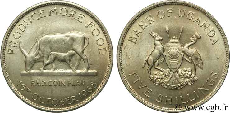 OUGANDA 5 Shillings F.A.O. Buffle et veau 1968  SPL 