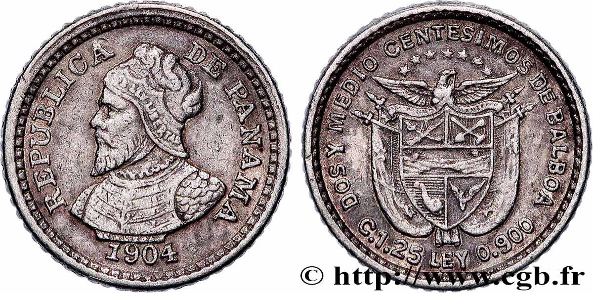 PANAMA 2 1/2 Centesimos Vasco Nunez de Balboa 1904 AU