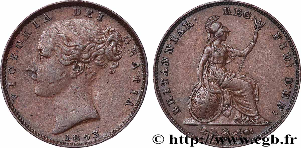 ROYAUME-UNI 1 Farthing Victoria “tête jeune” 1853 Londres TTB+