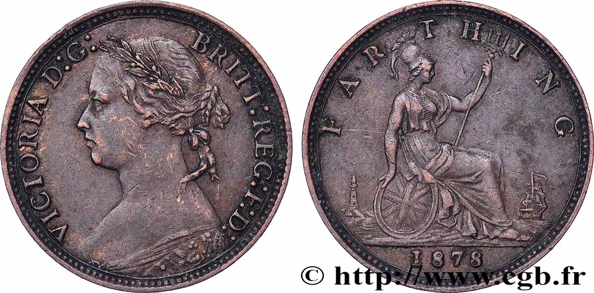 ROYAUME-UNI 1 Farthing Victoria “Bun Head” 1878 TTB