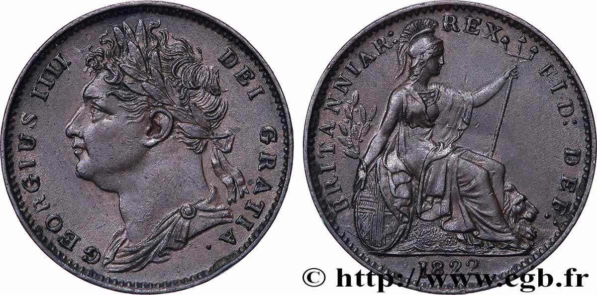 REGNO UNITO 1 Farthing Georges IV tête laurée 1822 SPL