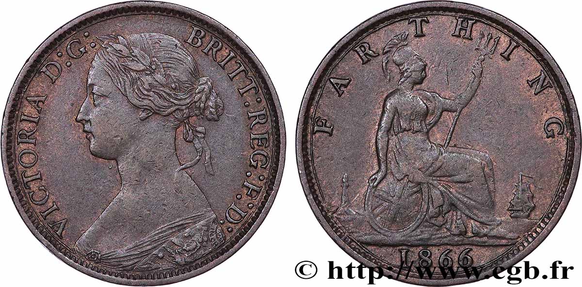 ROYAUME-UNI 1 Farthing Victoria “Bun Head” 1866 TTB+