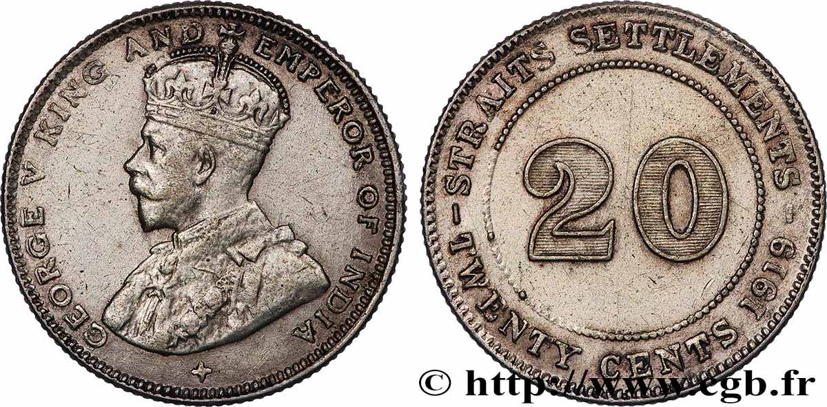 MALAISIE - ÉTABLISSEMENTS DES DÉTROITS 20 Cents Straits Settlements George V 1919 Bombay TTB