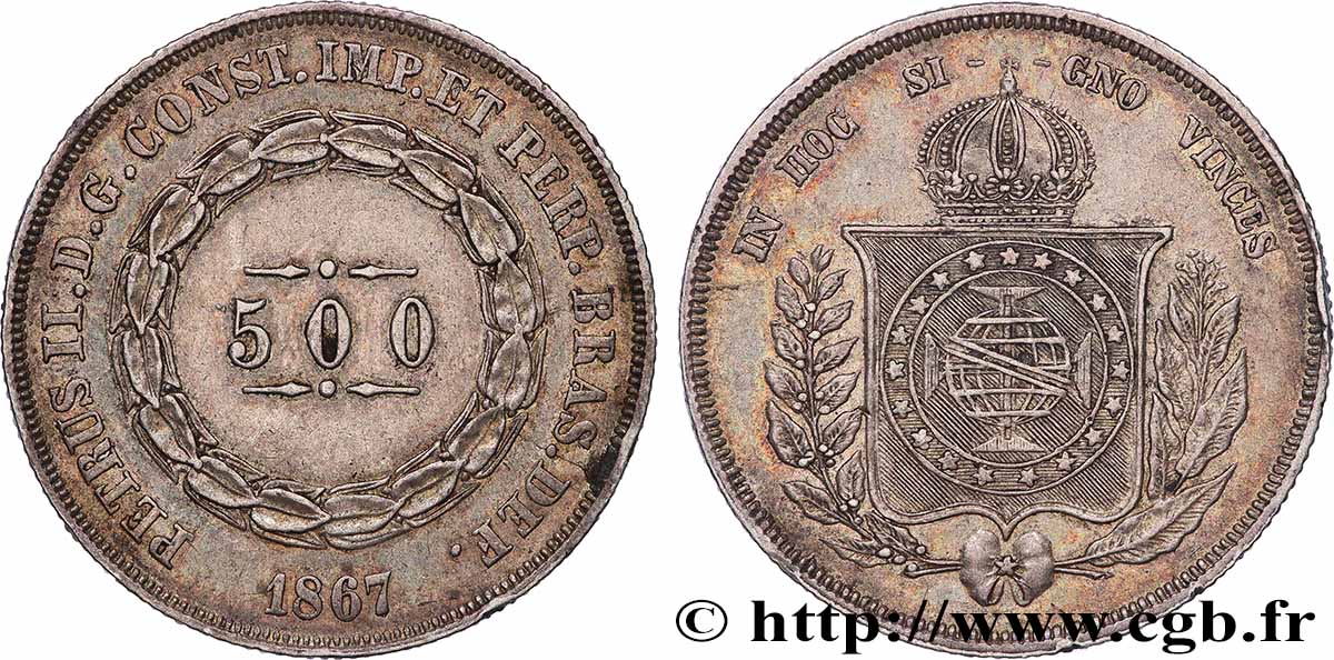 BRASILIEN 500 Reis Pierre II 1867 fVZ