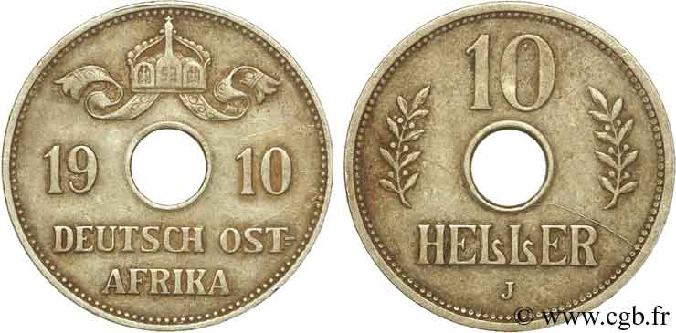 AFRIQUE ORIENTALE ALLEMANDE 10 Heller Deutch Ostafrica type couronne large et extrémités des L pointues 1910 Hambourg - J TTB 