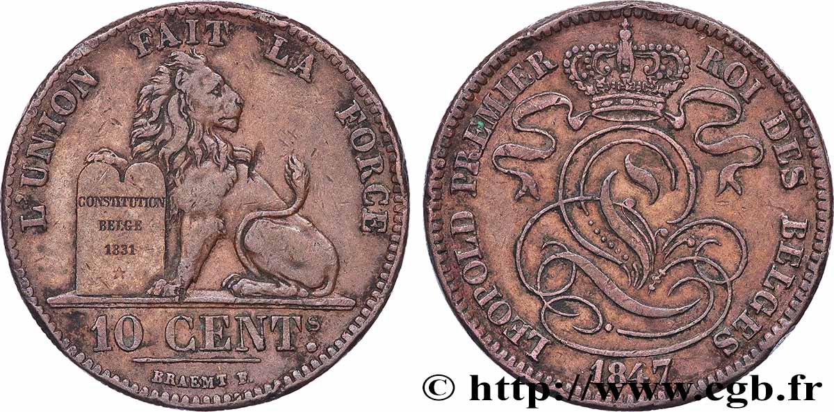 BELGIUM 10 Centimes Léopold Ier 1847/37 1847 Bruxelles XF