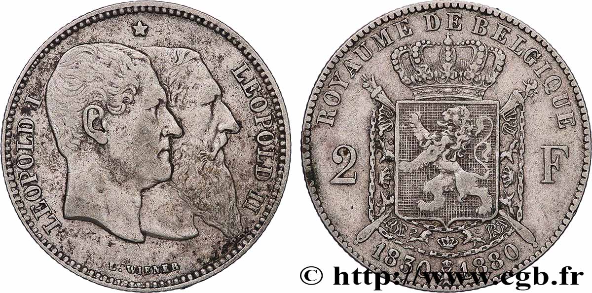 BELGIUM 2 Francs 50e anniversaire de l’indépendance 1880 XF