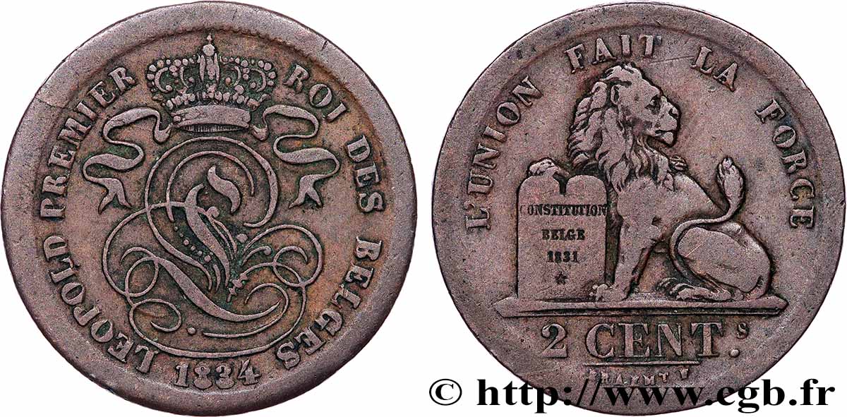 BELGIUM 2 Centimes Léopold Ier 1834 VF