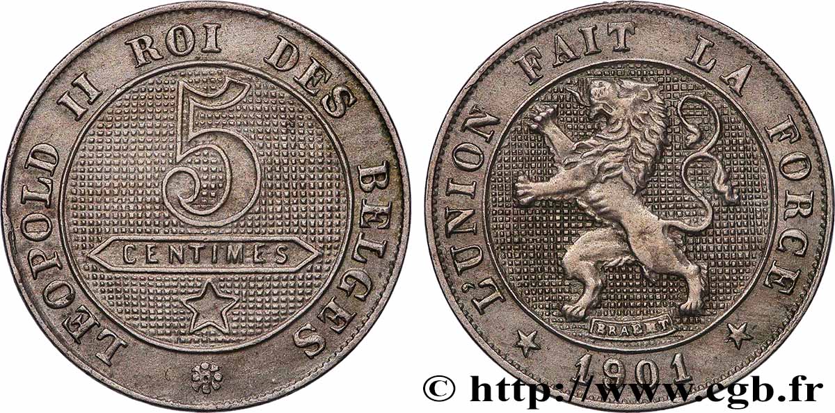 BELGIEN 5 Centimes Lion légende française, grand lion 1901 VZ