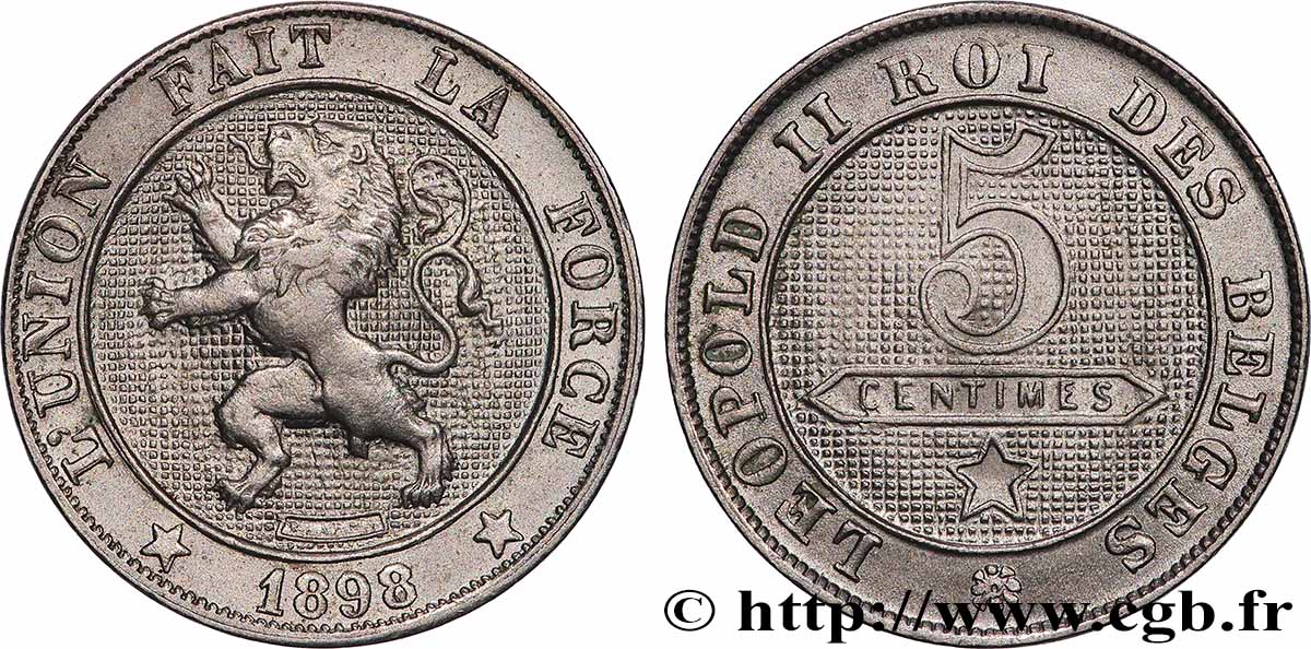 BELGIEN 5 Centimes Lion légende française 1898 VZ