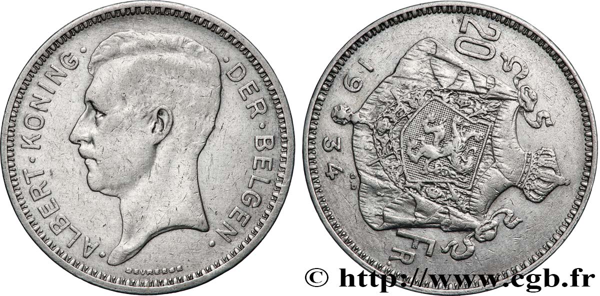 BELGIUM 20 Franken (Francs) Albert Ier légende Flamande, désaxée à 10 heures 1934 Bruxelles XF