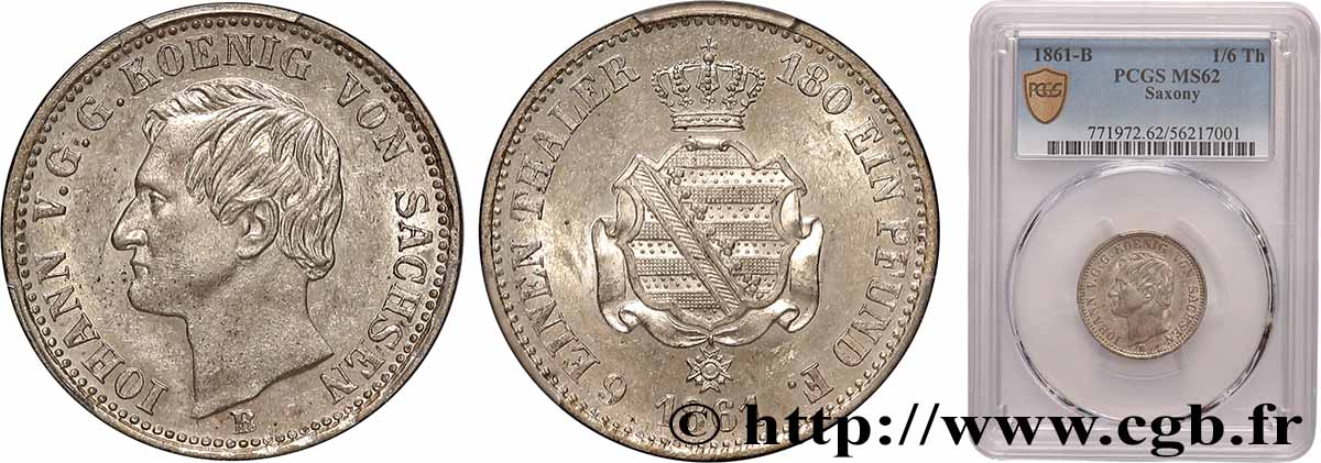 ALLEMAGNE - ROYAUME DE SAXE - JEAN 1/6 Thaler 1861 Dresde SUP62 PCGS