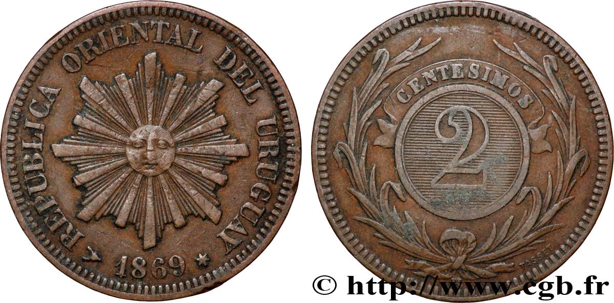 URUGUAY 2 Centesimos soleil 1869 Paris SS