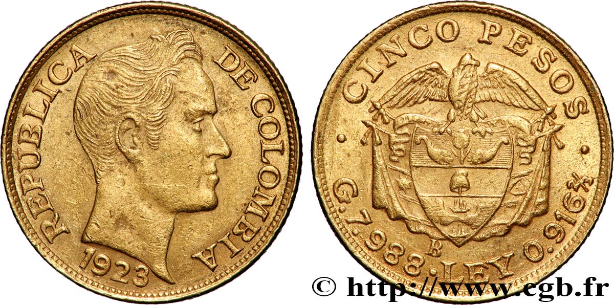 COLOMBIE 5 Pesos Simon Bolivar 1923 Bogota TTB