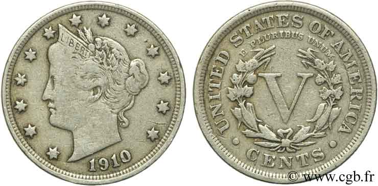 ÉTATS-UNIS D AMÉRIQUE 5 Cents Liberty Nickel 1910 Philadelphie TB 