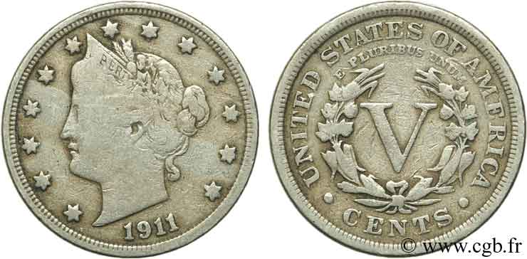 ÉTATS-UNIS D AMÉRIQUE 5 Cents Liberty Nickel 1911 Philadelphie TB 