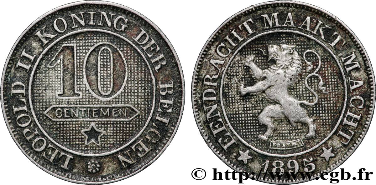 BELGIQUE 10 Centiemen (Centimes) lion légende flamande 1895 Bruxelles TTB