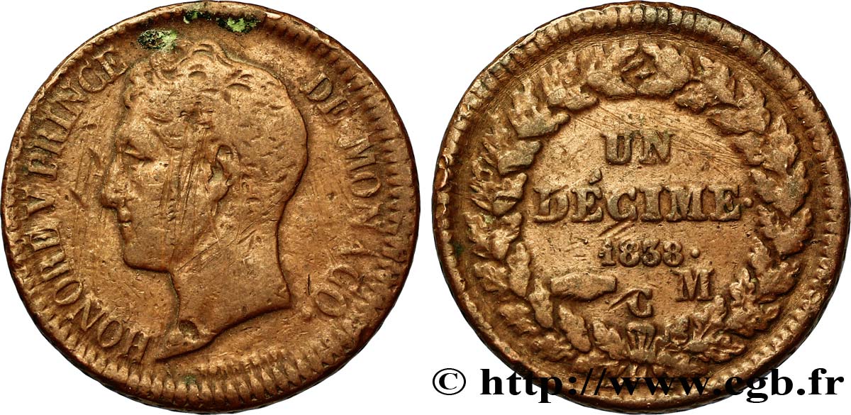 MONACO 1 Décime Honoré V 1838 Monaco q.BB