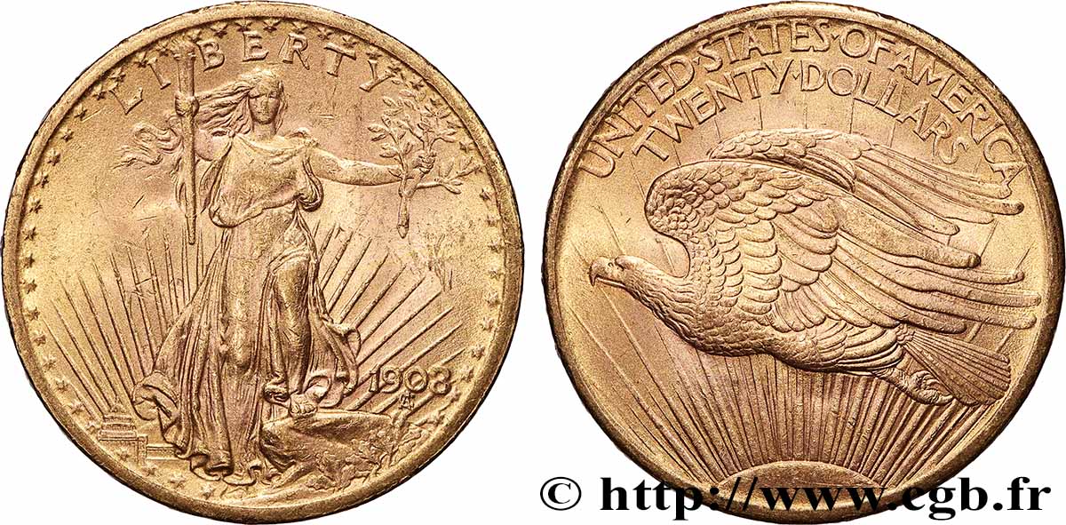 OR, PALLADIUM ET PLATINE INVESTISSEMENT 20 Dollars “Saint-Gaudens” 1908 Philadelphie TTB