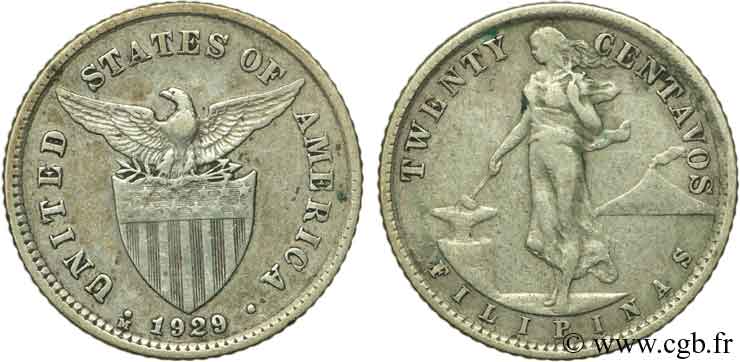 PHILIPPINES 20 Centavos - Administration Américaine 1929 Manille TTB 