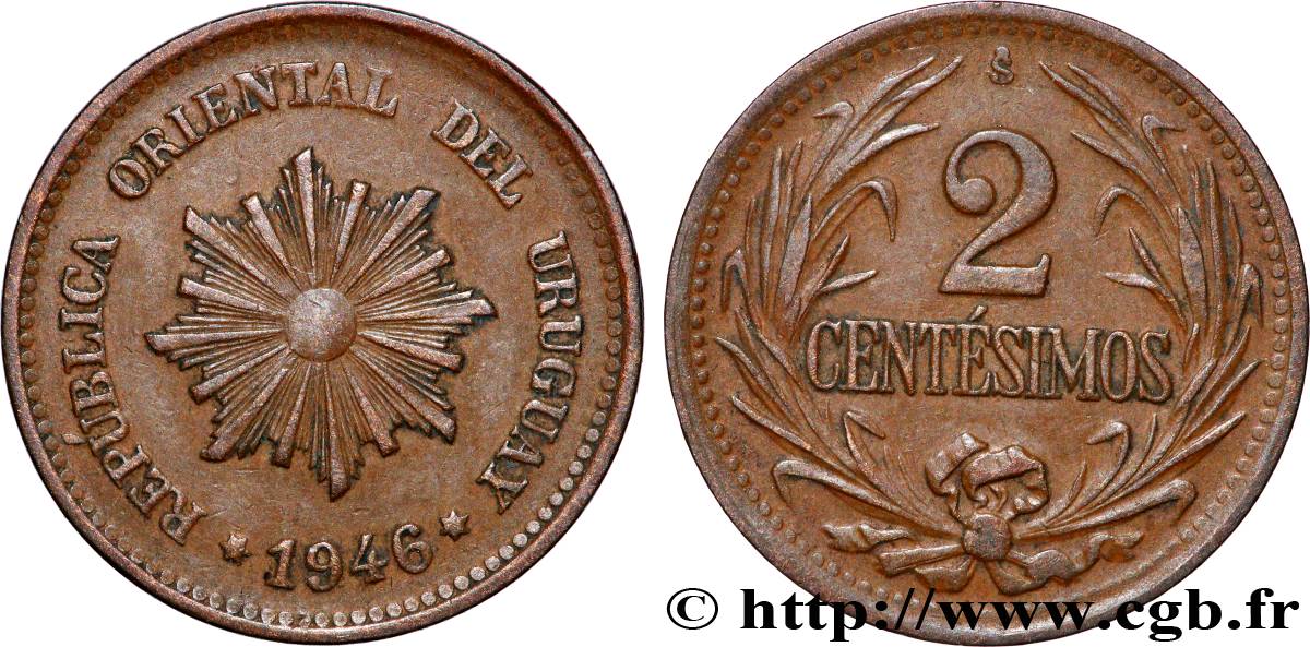 URUGUAY 2 Centesimos soleil 1946 Santiago TTB+