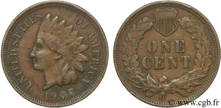 ÉTATS-UNIS D AMÉRIQUE 1 Cent tête d’indien, 3e type 1907 Philadelphie TTB 