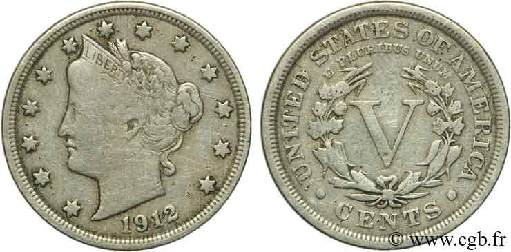 ÉTATS-UNIS D AMÉRIQUE 5 Cents Liberty Nickel 1912 Philadelphie TB 