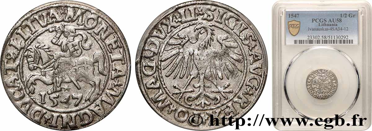 LIVONIE - GRAND DUCHÉ DE LITUANIE - SIGISMOND II VASA Demi-gros 1549 AU58 PCGS