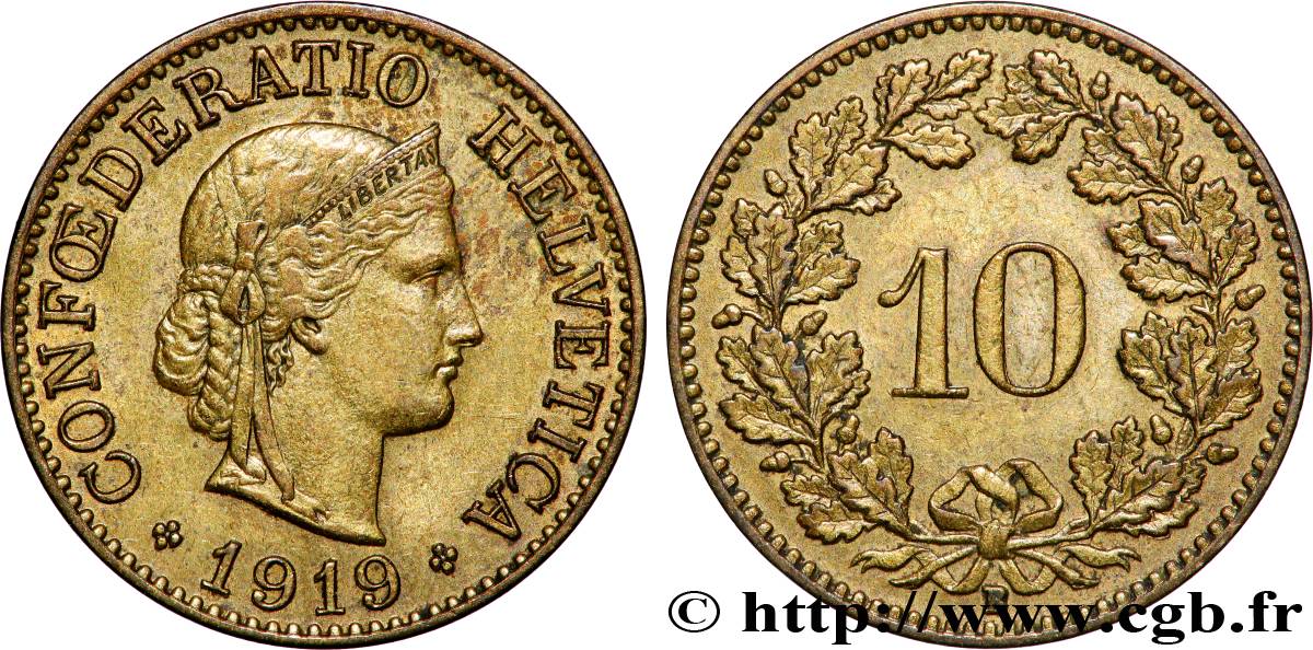 SUISSE 10 Centimes (Rappen) Helvetia 1919 Berne TTB+