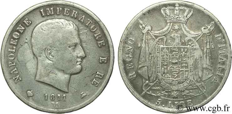 ITALIE - ROYAUME D ITALIE - NAPOLÉON Ier 5 Lire Napoléon Empereur et Roi d’Italie tranche en creux 1811 Milan - M TB 