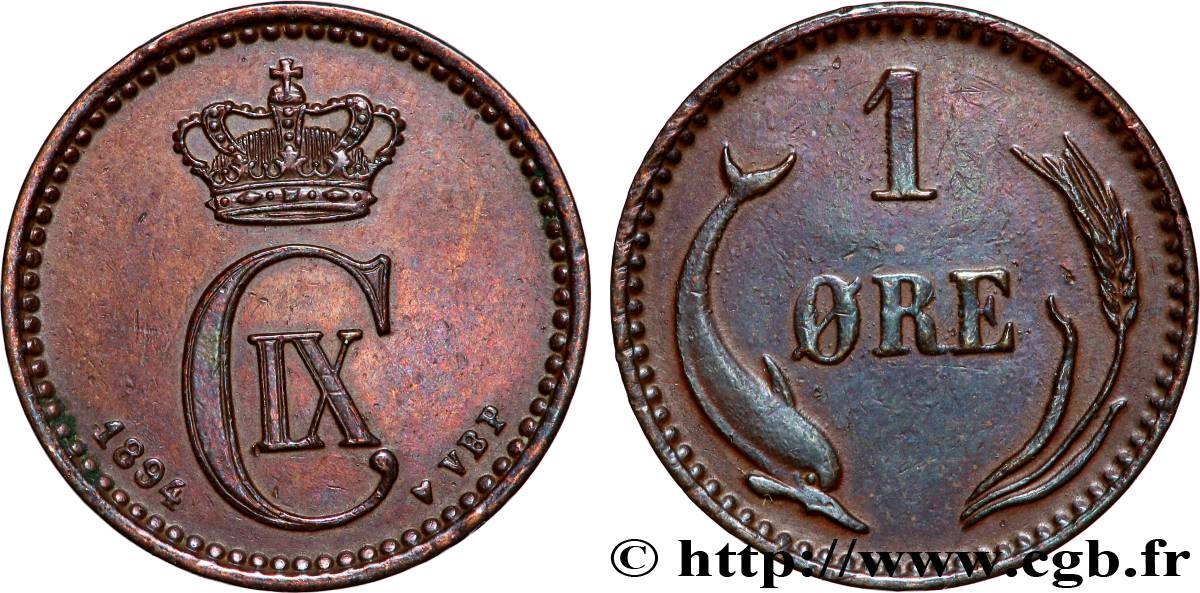 DANEMARK 1 Ore Christian IX 1894 Copenhague SUP