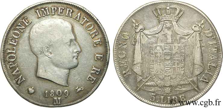 ITALIE - ROYAUME D ITALIE - NAPOLÉON Ier 5 Lire Napoléon Empereur et Roi d’Italie tranche en relief 1809 Milan TB+ 
