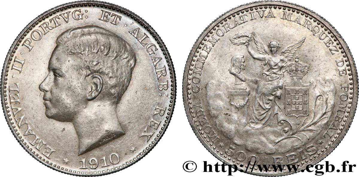 PORTUGAL 500 Reis Manuel II Marquis de Pombal 1910 Lisbonne AU