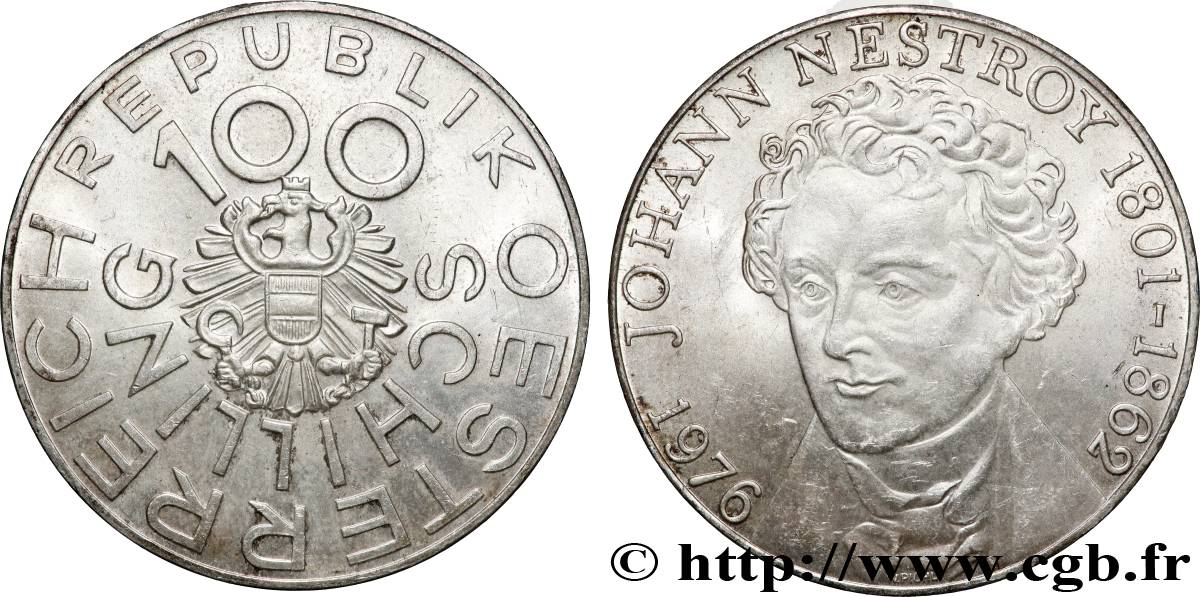 AUTRICHE 100 Schilling 175e anniversaire de la naissance de Johann Nestroy, comédien et dramaturge viennois 1976 Vienne SUP