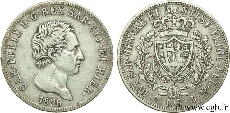 ITALIE - ROYAUME DE SARDAIGNE 5 Lire Charles Félix, roi de Sardaigne 1826 Gênes TB 