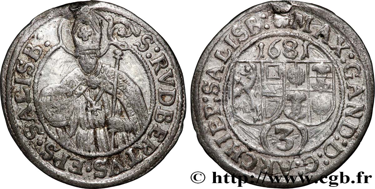 AUTRICHE - ARCHEVÊCHÉ DE SALZBOURG - MAXIMILIEN GANDOLPHE COMTE DE KÜENBURG 3 kreuzers 1681 Salzbourg TTB