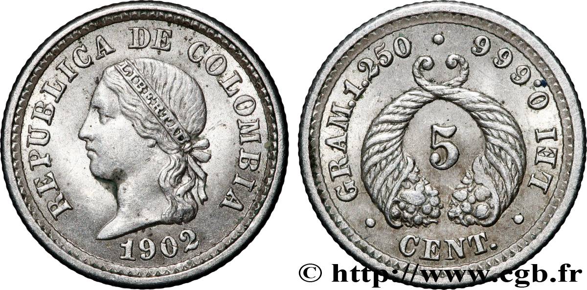 COLOMBIA 5 Centavos 1902 AU