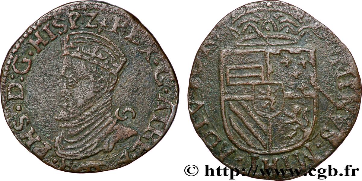 PAYS-BAS ESPAGNOLS - DUCHÉ DE BRABANT - PHILIPPE II D ESPAGNE Liard 1584 Arras TTB