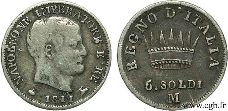 ITALIE - ROYAUME D ITALIE - NAPOLÉON Ier 5 Soldi Napoléon Empereur et Roi d’Italie 1811 Milan - M TTB 
