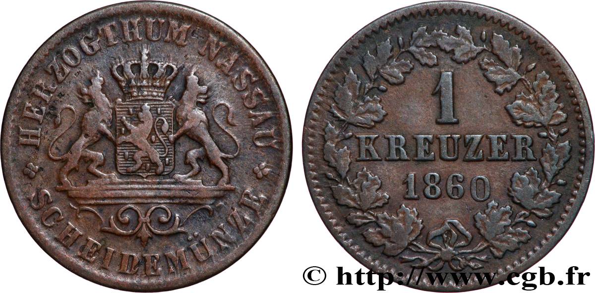 ALLEMAGNE - NASSAU 1 Kreuzer 1860 Wiesbaden TTB