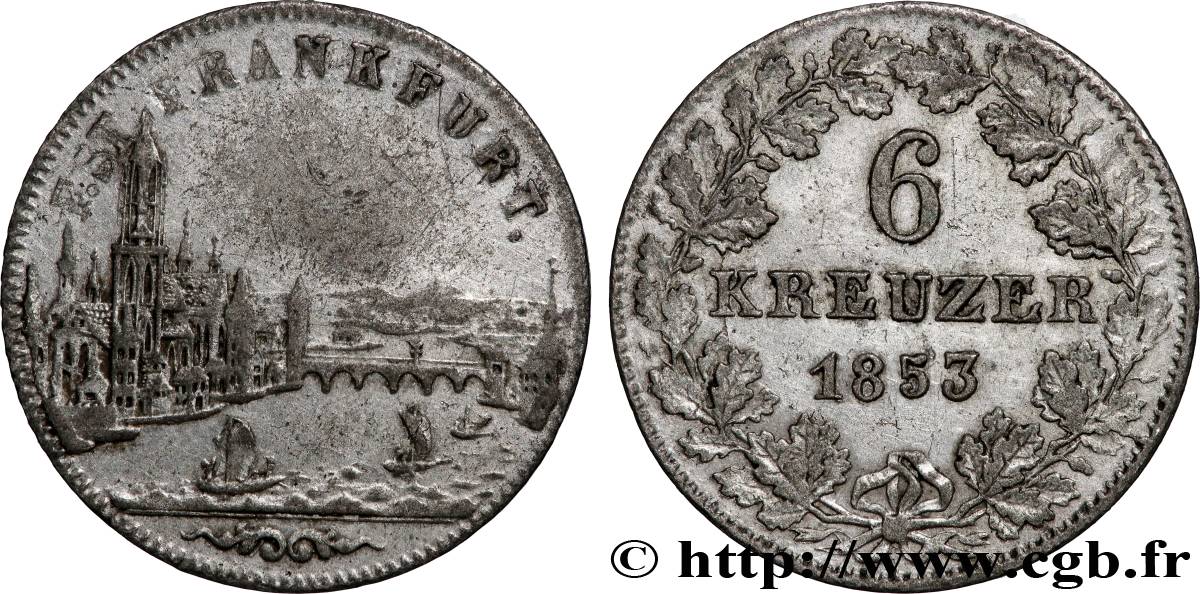 ALLEMAGNE - VILLE LIBRE DE FRANCFORT 6 Kreuzer Ville libre de Francfort, vue de la ville 1853 Francfort TTB