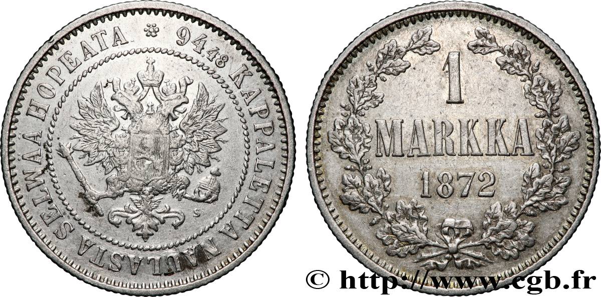 FINLANDE 1 Markka Administration Russe 1872 Helsinki TTB+