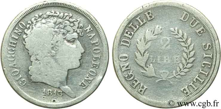 ITALIE - ROYAUME DES DEUX-SICILES 2 Lire Joachim Murat (Gioachino Napoleone) Roi des deux Siciles 1813  TB 
