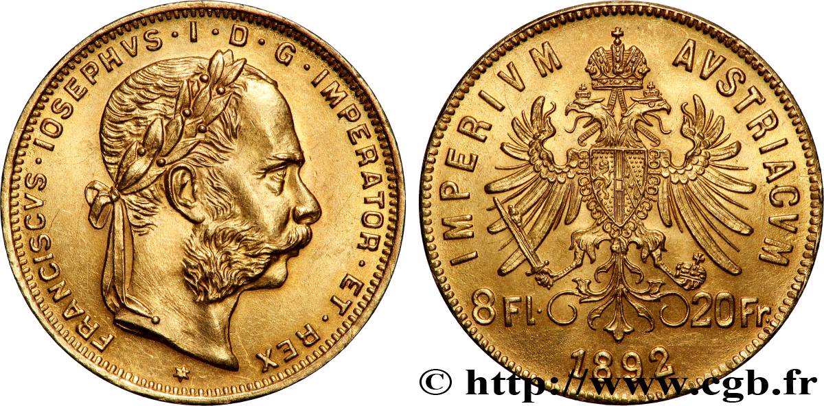 OR, PALLADIUM ET PLATINE INVESTISSEMENT 8 Florins ou 20 Francs or François-Joseph Ier 1892 Vienne SUP